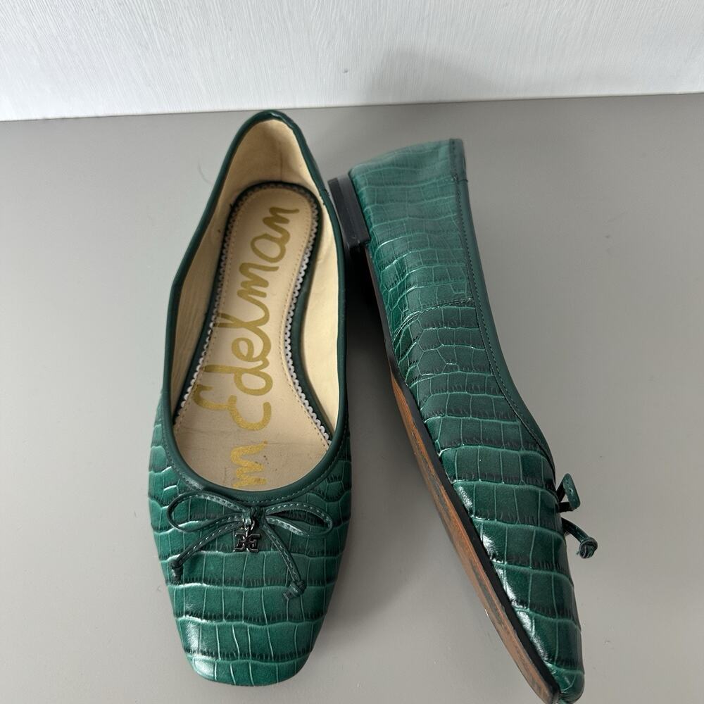 Sam Edelman Shoes Womens 8M Jillie Ballet Flats Green Croc Texture Bow Preppy - Picture 5 of 9